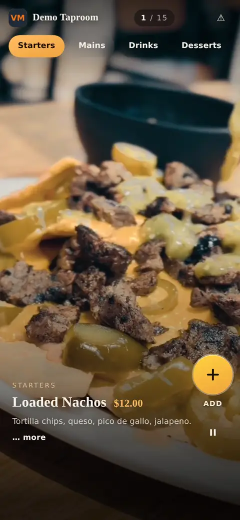 A guest's phone showing the VideoMenu diner screen: a full-screen dish video, the dish name and price, and an Add button.